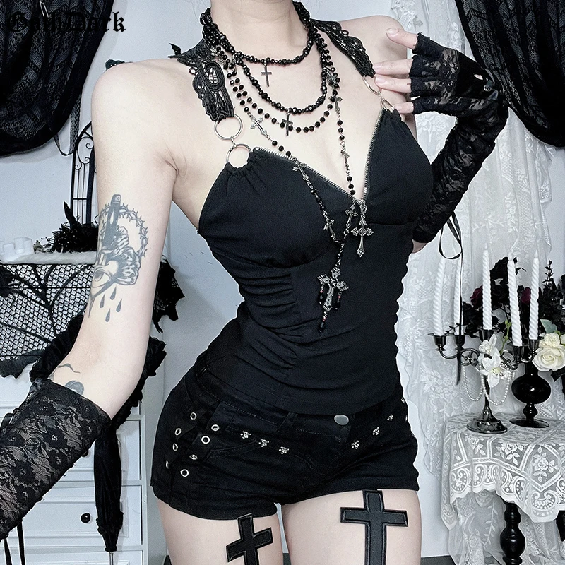 

Goth Dark Fashion Gothic Zip Up V Neck Tops for Women Punk Outfits Slim Sexy Lace Detail Sleeveless Black Top Y2K Cyber Chic