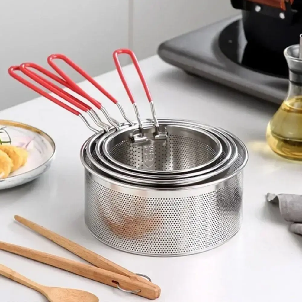 

Stainless Steel Fried Sieve Basket Mesh Design Easy Clean Oil Pan Strainer Detachable Handle Round Shape Cooking Basket