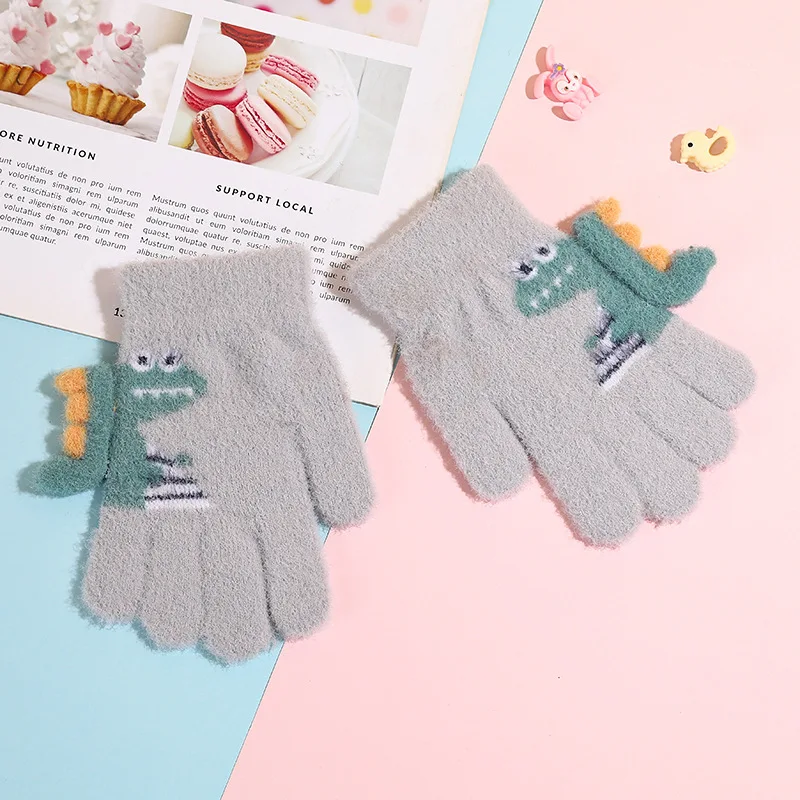 Children 3-6 Years Old Cute Knitted Cartoon Dinosaur Fashion Boys and Girls Winter Warm and Cold Five-finger Gloves