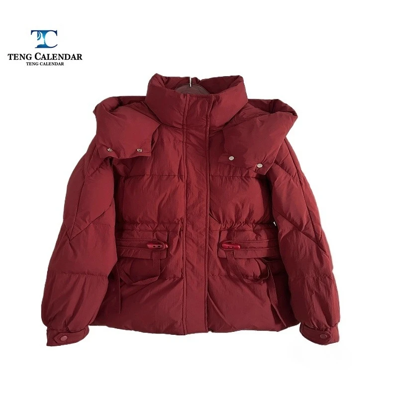 الشتاء النسخة الكورية سترة فضفاضة أسفل، النبيذ الأحمر الصغيرة للأطفال قصيرة مقنعين سميكة الدافئة الخصر التخسيس سترة،