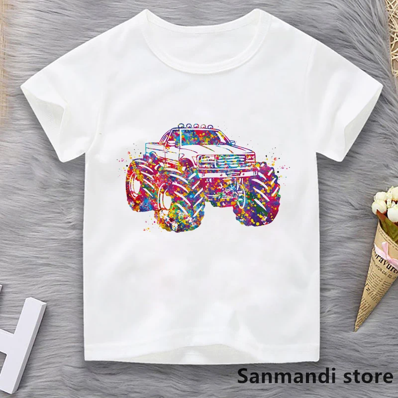 

New Watercolor Monster Truck Print Tshirt For Girls/Boys Kids Clothing Kawaii T Shirt Summer Tops Tee Shirt Children'S Clothing