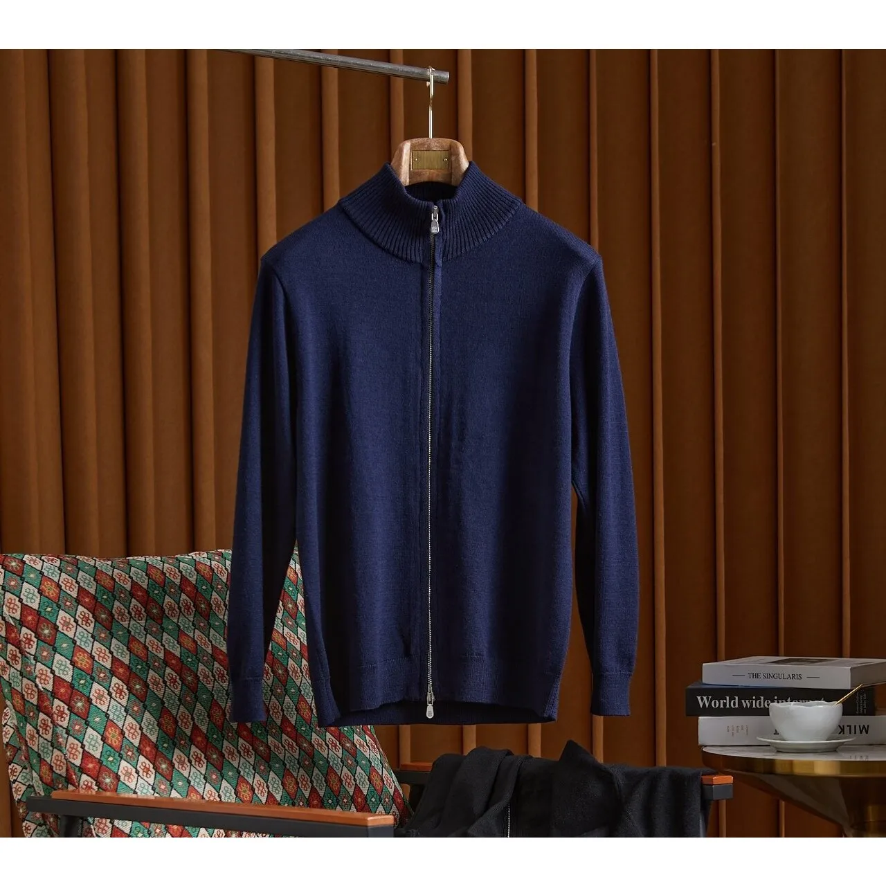 

Мужской высококачественный шерстяной кардиган с высоким воротником на молнии, мягкий, приятный к коже, дышащий, зимний, вязаный, повседневный