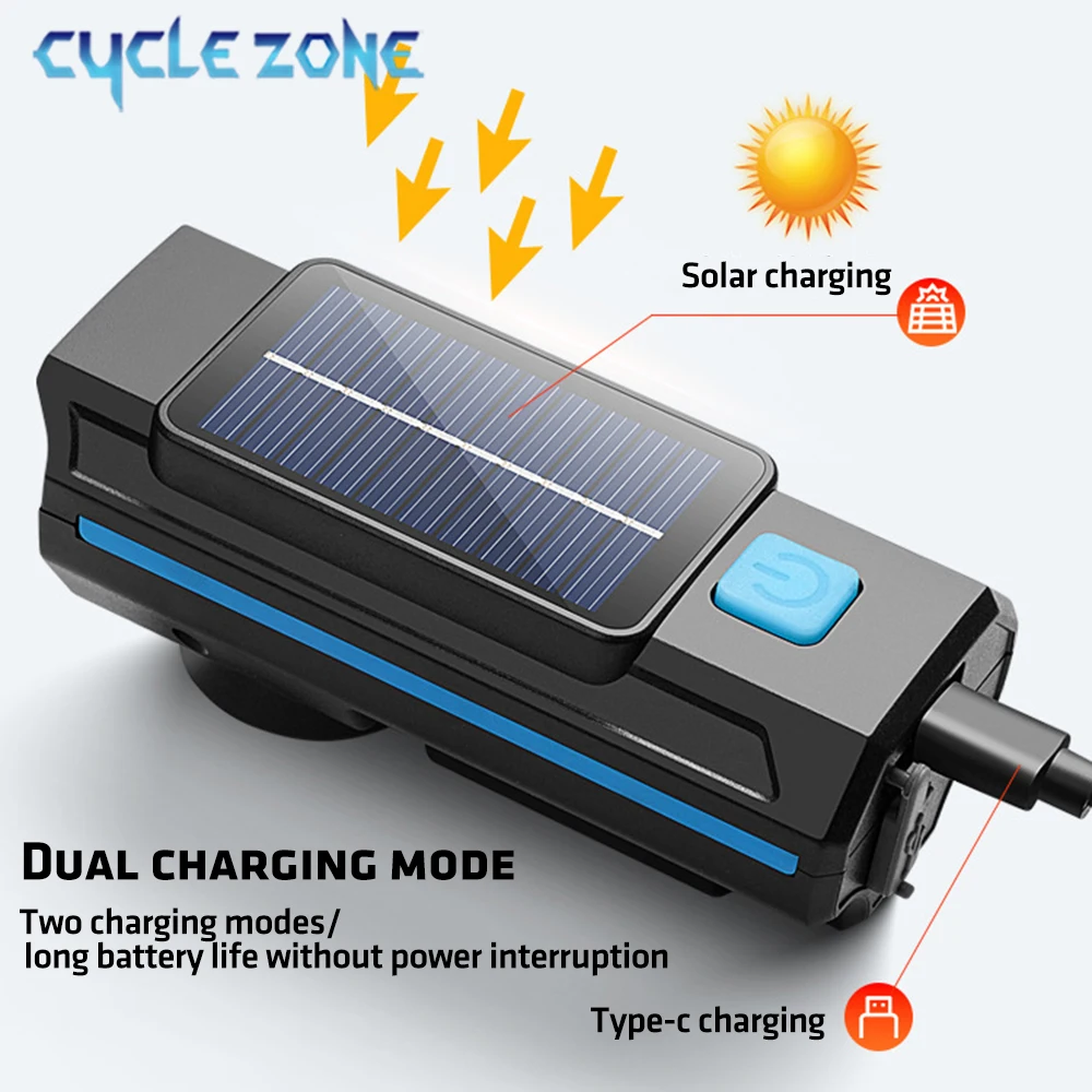 Solar Power Bike Light with Horn Bicycle Headlight Flashlight Taillight Cycling Front Rear Lamp Bike Light Set for Night Riding