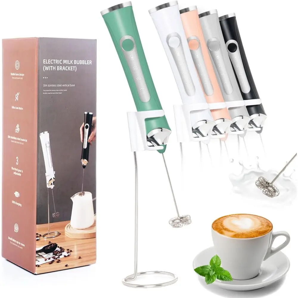 

Electric Handheld Milk Frother with 3 Speeds, Whisk Attachment, and Stand - Green