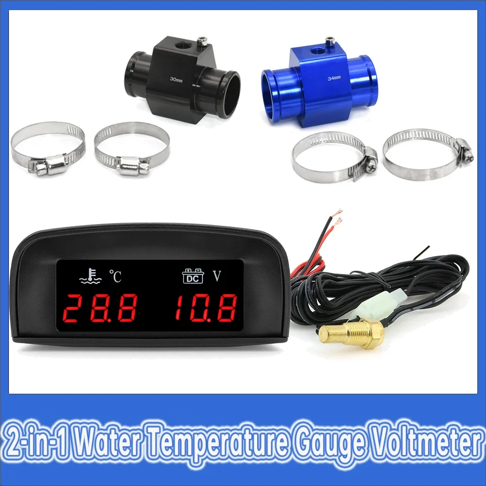 

2 IN 1 Water Temperature Gauge Voltmeter Red Backlight LCD Instrument Horizontal Celsius Gauge with Sensor 26mm-40mm Sensor