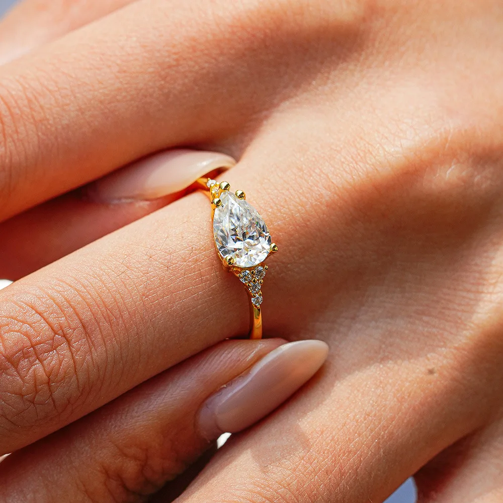 JH 1.5CT مويسانيتي خاتم للنساء الرجال 925 فضة مطلي 18K قطرة الذهب الكمثرى على شكل خاتم الزواج D VVS1 مجوهرات #2