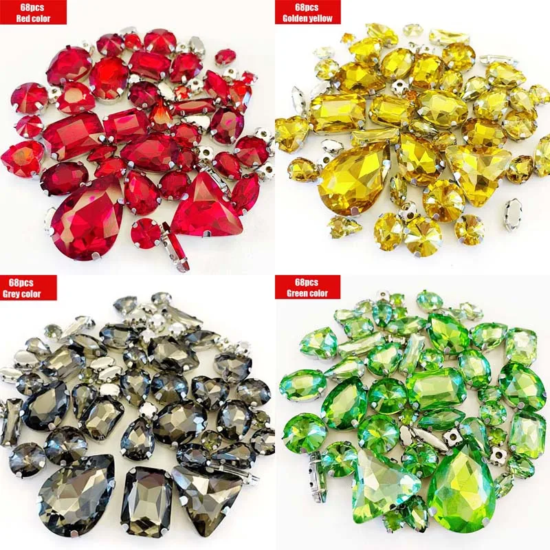 68Pcs Mix Crystal Sliver Claw Setting Rhinestones Sewing Clothe For Needlework Stone DIY Sew On Wedding Dress Shoes Bags