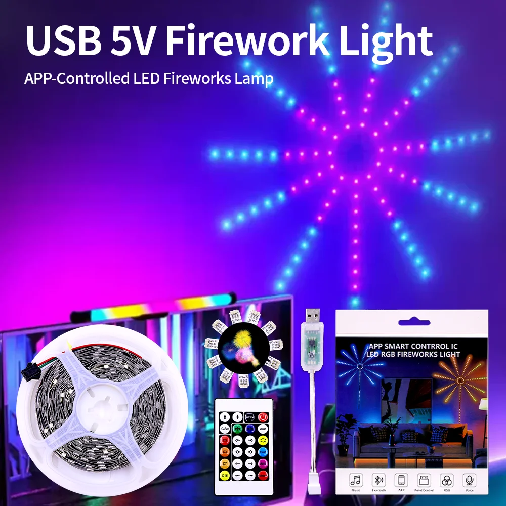 WS2812B USB Firework Light Kit Individually Addressable Led Strip Module 28Key Remote Bluetooth App Music Control DC5V LED Light