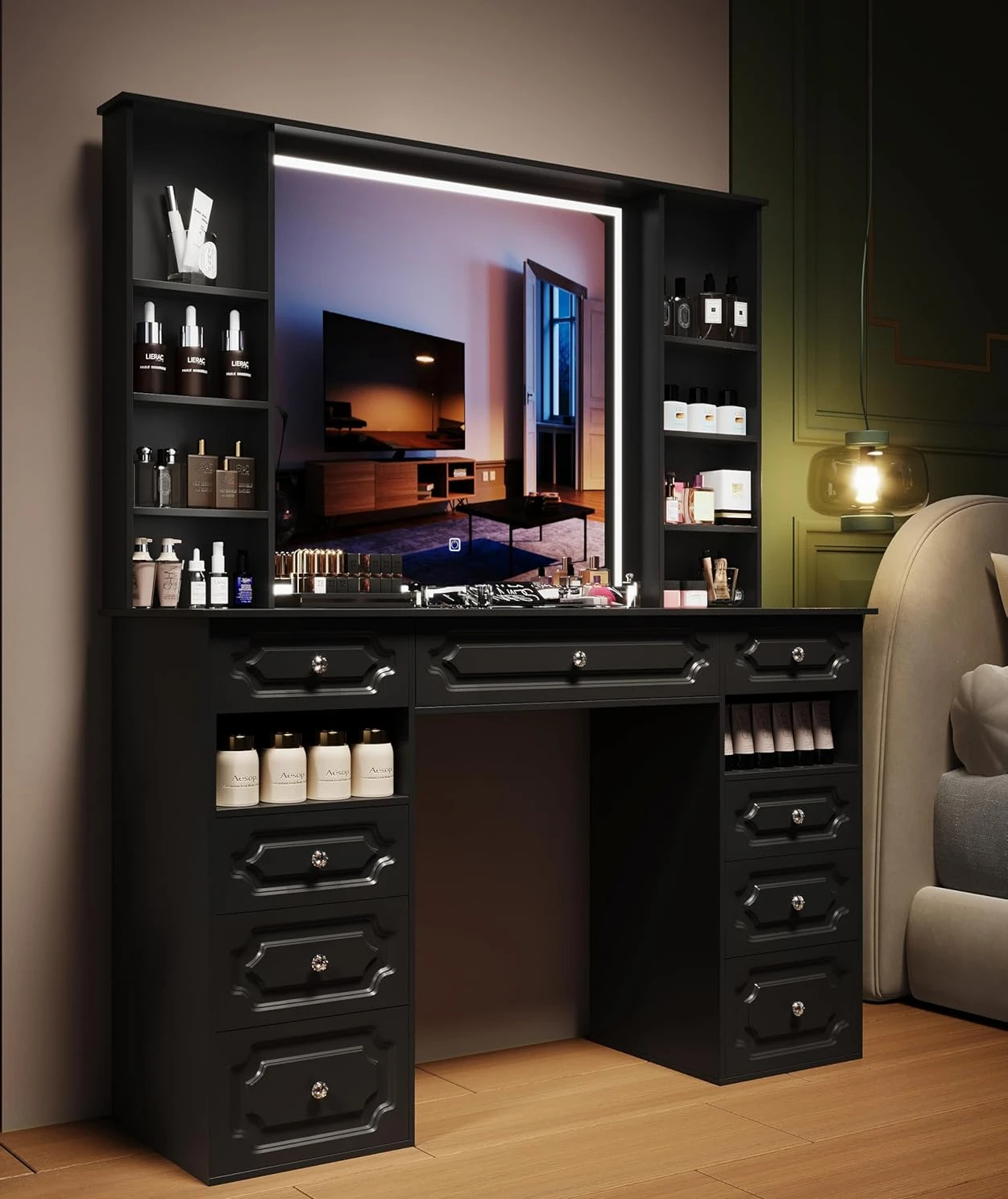

Black Vanity, Dressing Table with Storage Shelf & 9-Drawer, Vanity Table for Bedroom/Dressing Room