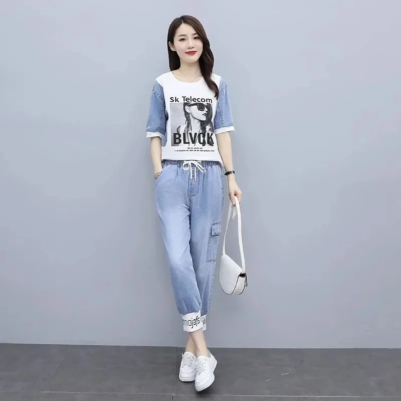 Cowboy Suit Women\'s Spring Autumn 2024 New Summer Set Fashion Casual Sportswear 2PCS Temperament Jeans Two-Piece Blouse Female