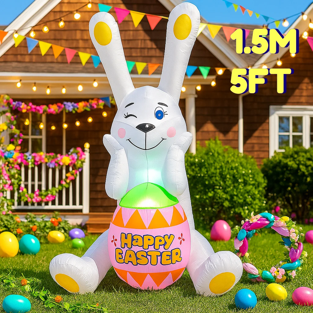 

5FT Happy Easter Inflatable Blinking Rabbit Hold Egg Decor Built-in LED Lights Festive Airblown Yard Ornament Easter Inflatable