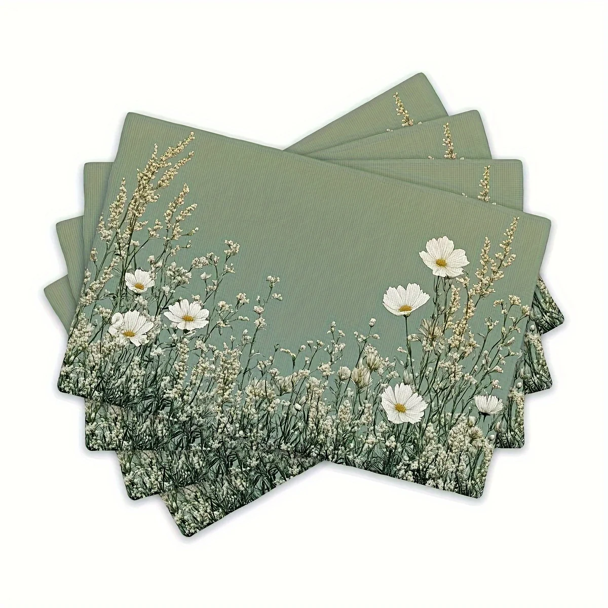 4pcs Sage Green Floral Placemats – Vintage Daisies & Wildflowers DesignWashable Polyester, Ideal for Indoor/Outdoor Dining
