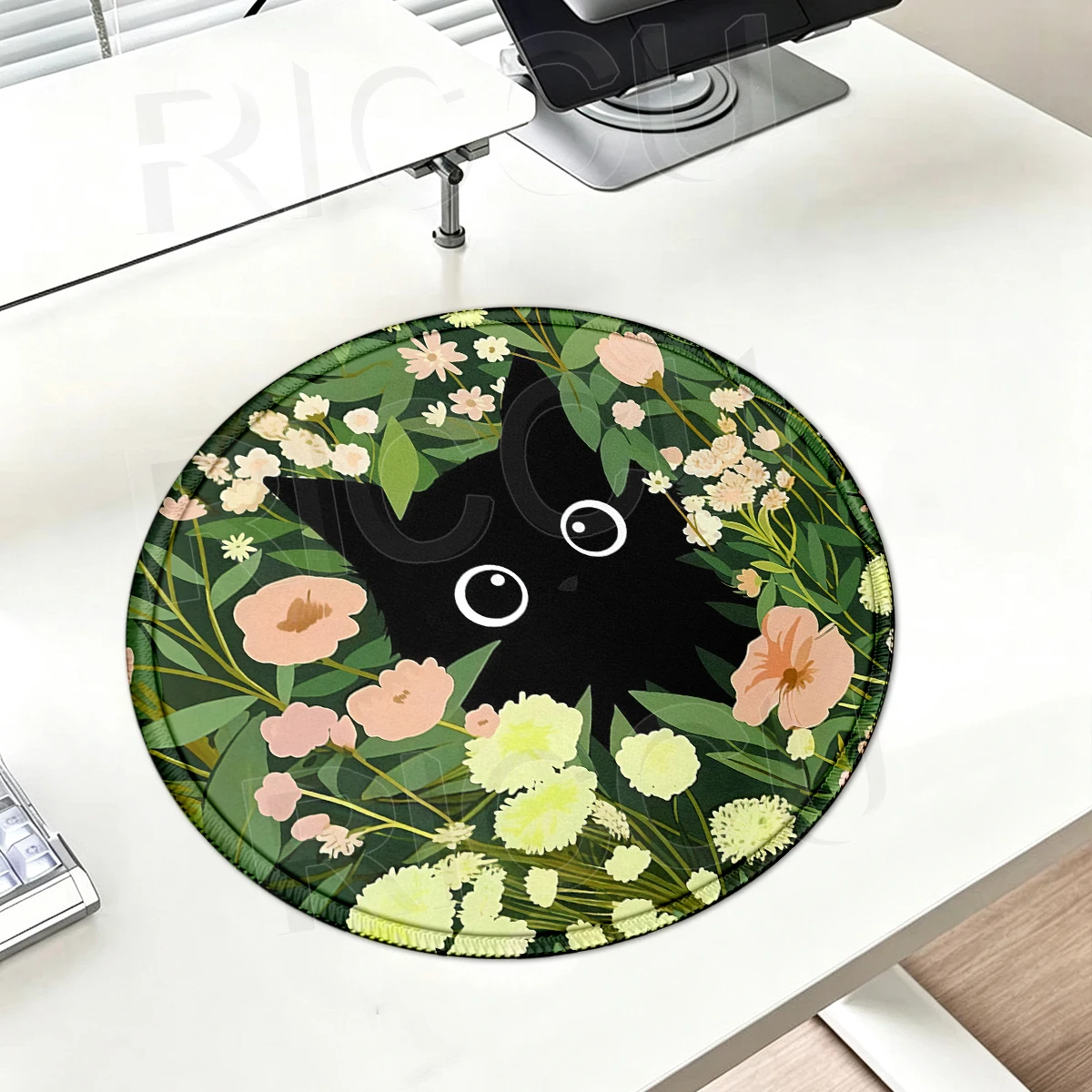 Ronde muismat Leuke zwarte kat bureaumat Groene plant rubberen muismat Esthetisch bureauaccessoire voor kantoorlaptop Computertafelmat