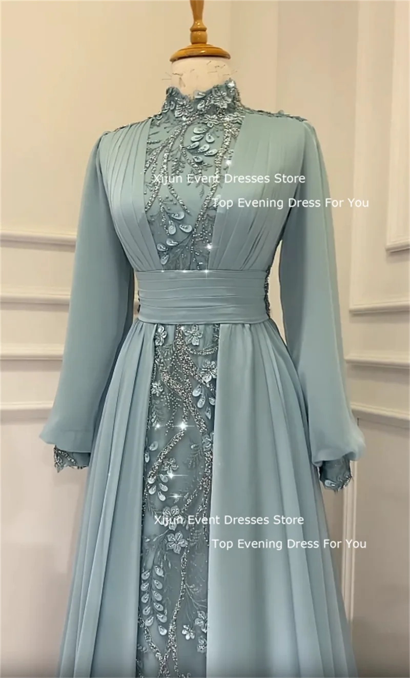 Xijun Modest Green Muslim Evening Dresses Full Sleeves High Collar Prom Dresses Moroccan Kaftan Prom Gowns Dubai Party Gown 2024