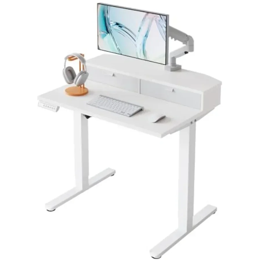 Home office electric standing desk with 2 drawers, steel frame, matte black, height adjustable with 4 presets 2 hooks, C-clamp
