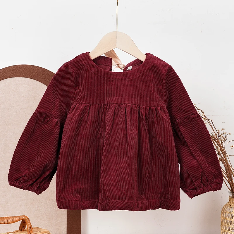 

Autumn Winter Girls' Top New Long Sleeved Christmas Red Corduroy Bubble Sleeve Shirts Chic Children's Clothing 아동복 가을