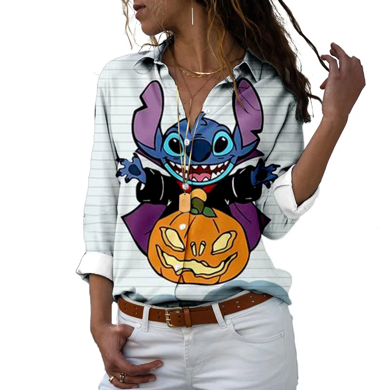 Camiseta de manga larga con solapa para mujer, camisa informal de Stitch y Mickey y Minnie, estilo Harajuku, y2k, para Halloween y otoño