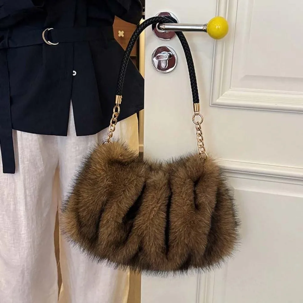 Large Capacity Fluffy Shoulder Bag Soft Texture Ruched Furry Tote Solid Color Lightweight Faux Fur Purse Women