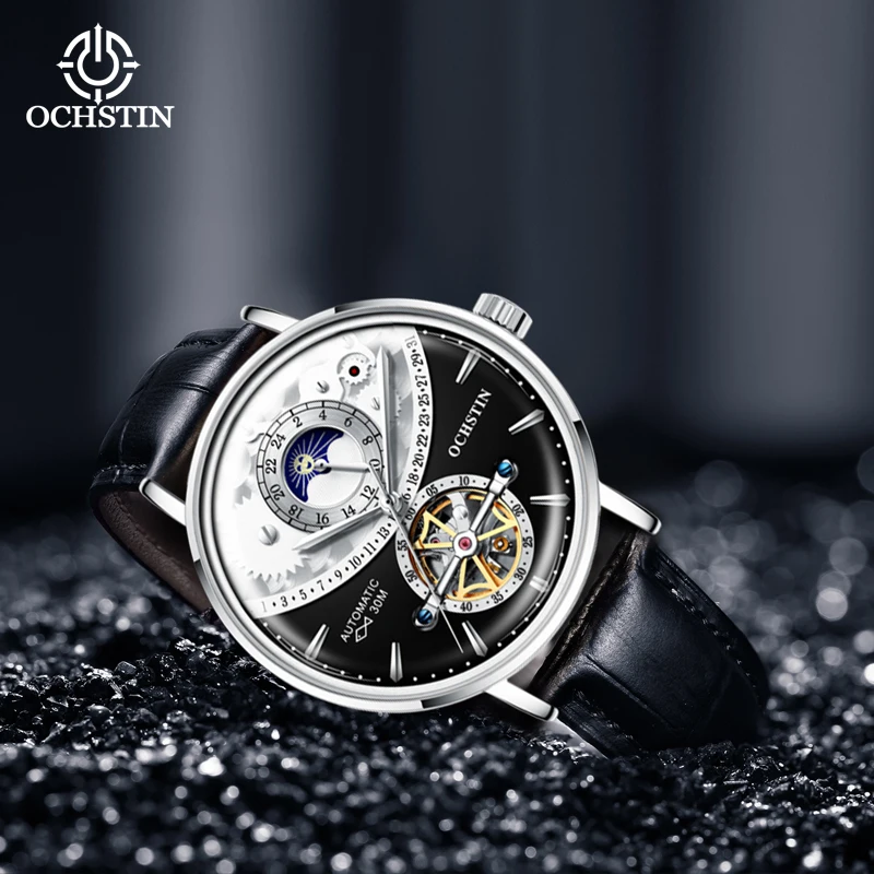 

Часы OCHSTIN: Мужские, с полым циферблатом, кожаным ремешком, водонепроницаемые, с турбийоном и фазами Луны, модные, новые