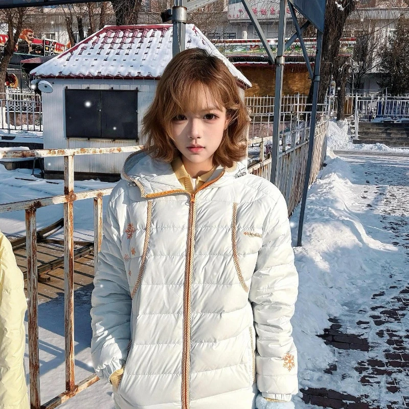Japanese Sweet Lolita Hooded Padded Coat Women Kawaii Snowflake Embroidery Cotton Jacket Harajuku Girl Light Color Slim Warm Top