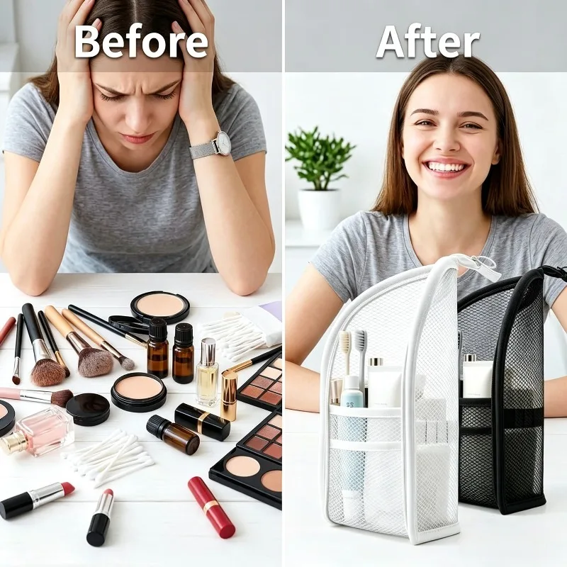 Tragbare, aufrechte Kosmetiktasche aus Netzstoff mit mehreren Fächern, wasserdicht, ideal als Reise-Kosmetik-Organizer für Damen, mit 3 zusätzlichen Beuteln für das Badezimmer. – Detail 3