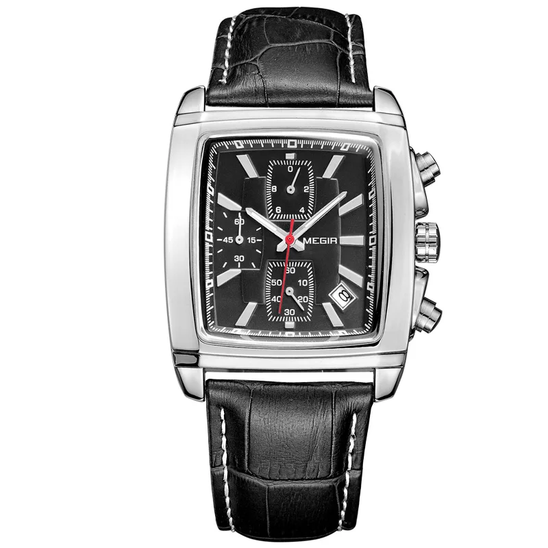 Sport Chronograph Six Hand Multifunction Waterproof Quartz Watch for Men with Square PU Leather Strap Pin Buckle