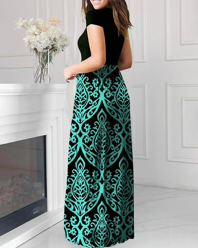 Women's Dress 2025 Spring Summer Latest Colorblock Floral Print Round Neck Short Sleeve Pocket A Line Maxi Dress Long Skirt