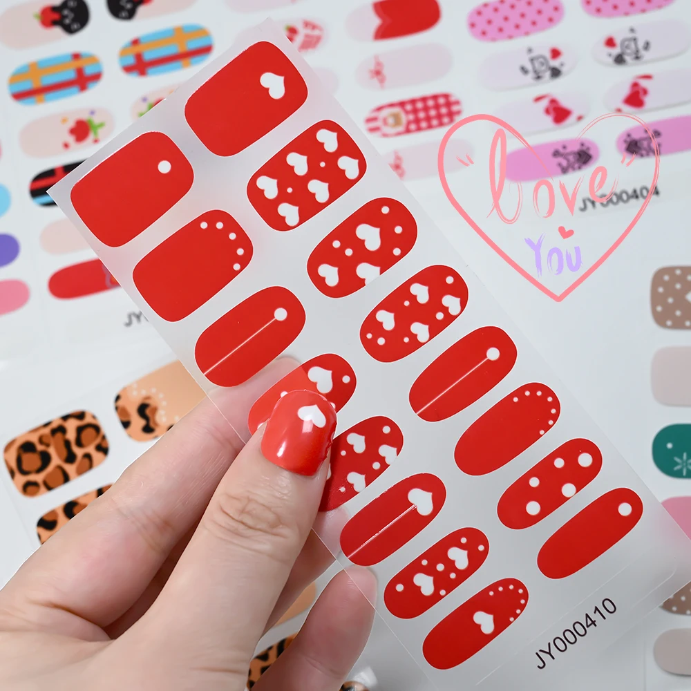 16Tips Red Semi Cured White Heart Gel Nail Stickers Sweet Love Self-adhesive Nail Strips Patch UV Lamp Need Press On Nail Wraps