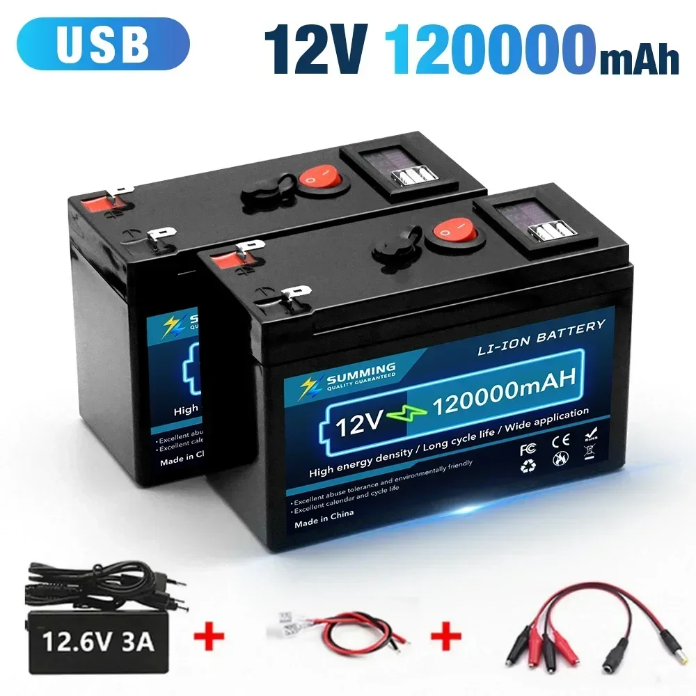 Upgrade 12V 120Ah 18650 Lithium Battery Built-in Smart BMS USB 120000mAh for RV Solar Marine Camping and Off Grid Applications