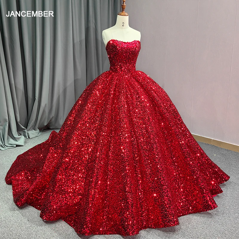 Jancember Stylish Flash Sale Quinceanera Dresses For Gril Sequins Ball Gown Strapless Lace Up Vestidos De 15 Años DY6663