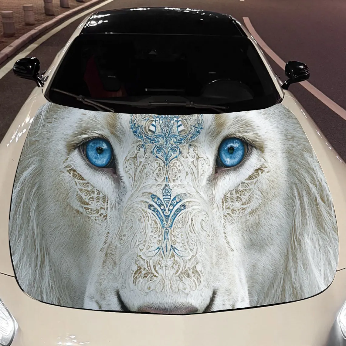 

Elegant Blue-Eyed Lion Car Hood Stickers - Self-Adhesive, Waterproof and Durable Vinyl Wrap, Decorate And Protect Your Car, Fit