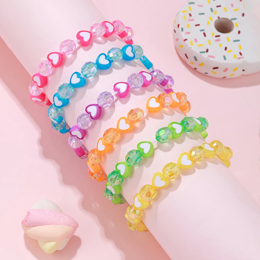 6Pcs/set Handmade Colorful Heart Beads Elastic Bracelet for Daughter Girls Friendship Party Birthday Jewelry Gifts