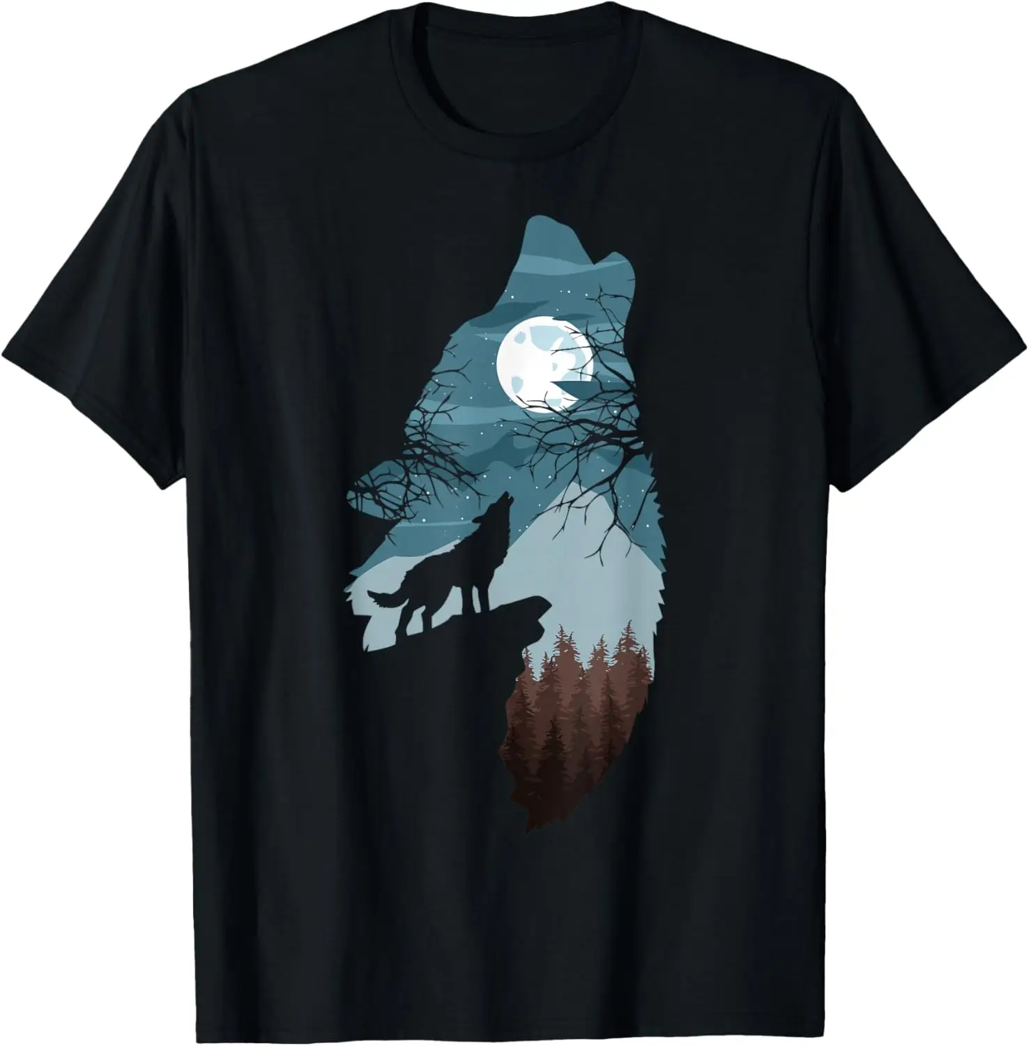 Wolf Howling At Moon Silhouette Forest Graphic T-Shirt Short Sleeve Round Neck Cotton Tee