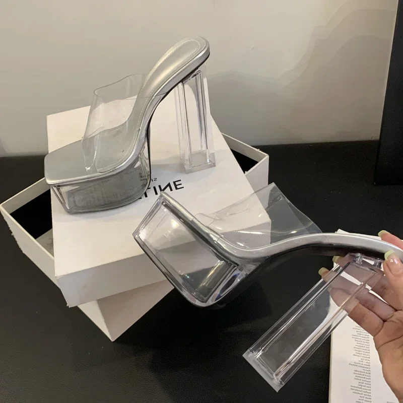 

Women's Clear PVC Square Toe Platform Mules, Transparent Chunky Block Heel Slide Sandals, Sexy Nightclub Party Fashion Footwear