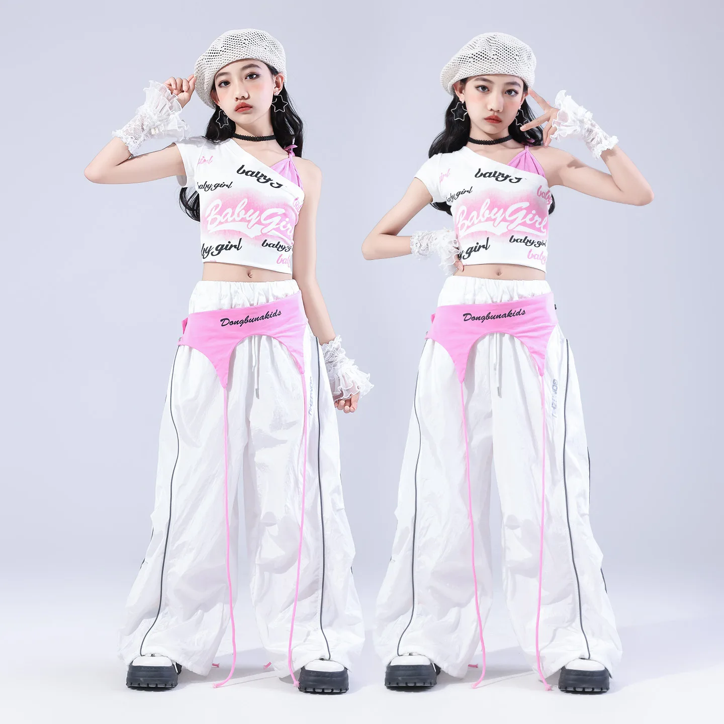2026 Kpop Kids Hip Hop Clothing Girls Jazz Clothes Navel Tops Pink Pants Summer Modern Dance Performance Costume Stage Wear