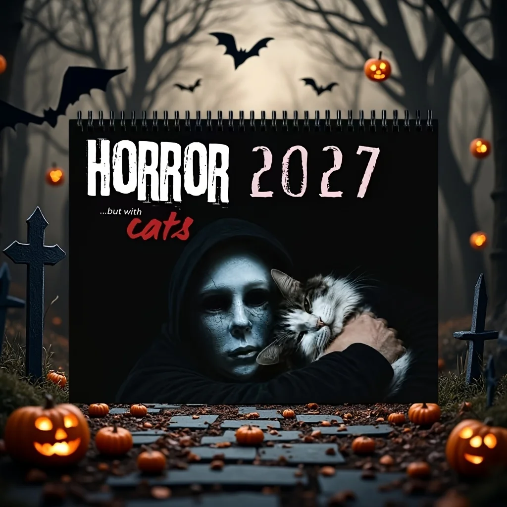 Gothic Horror Cat 2027 Hanging Calendar 12 Months Character Kitten Artwork Monthly Schedule Wall Decor Halloween Birthday Gift