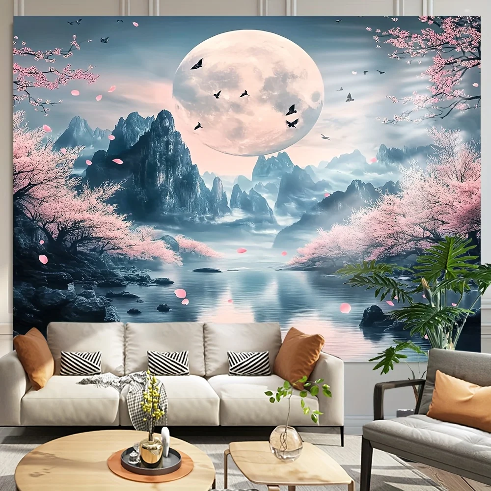 قطعة واحدة من نسيج جبل ساكورا والقمر للفصول الأربعة، قماش بوليستر، قابل للغسل في الغسالة، رائع لتزيين المكاتب المنزلية