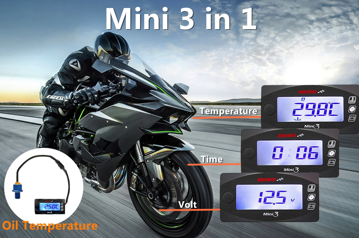 

koso Oil Temperature Meter Motorcycle Universal 3 in 1 Oil Temp Time Volt LCD Digital Display For SUZUKI YAMHA
