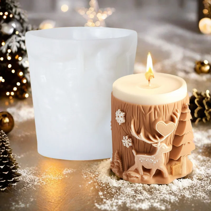 Christmas Elk Embossed Cylindrical Aromatherapy Candle Silicone MoldDIYChristmas Tree Column Diffuse Decoration Mold