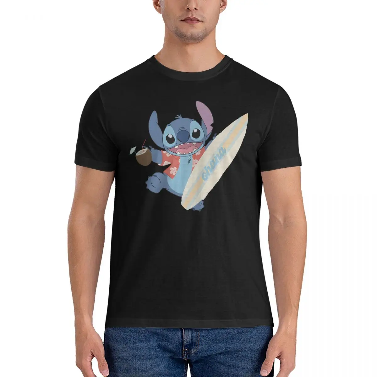 Funny Beach Stitch T-Shirts Men Crewneck 100% Cotton T Shirt Disney Cartoon Character Stitch Short Sleeve Tees Summer Clothes