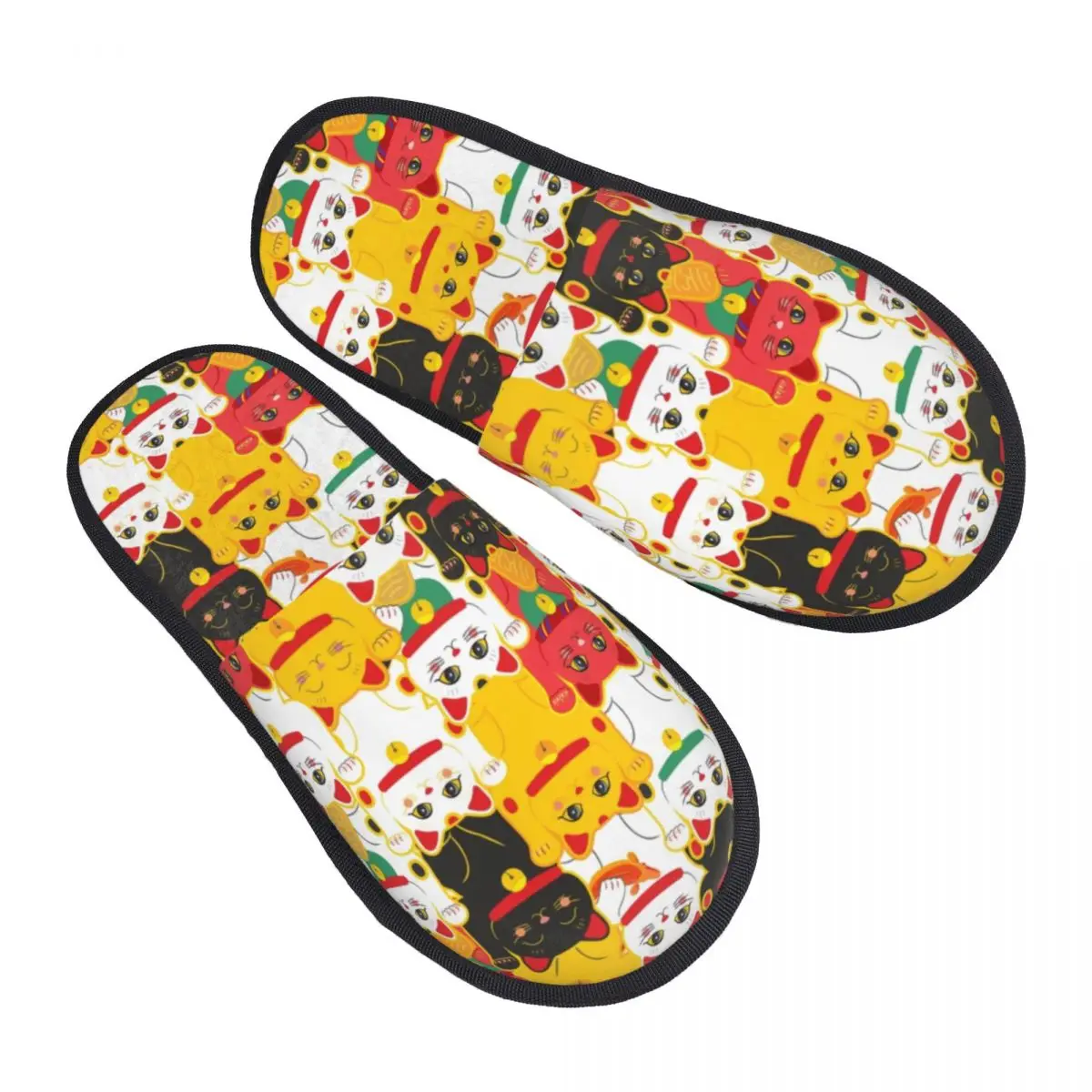 Custom Maneki Neko Waving Memory Foam Slippers Women Comfy Warm Lucky Cat Japanese Charms House Slippers