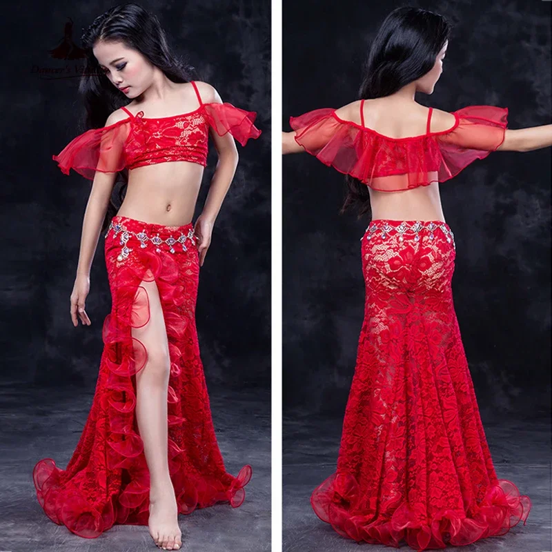 Girls Professional belly dancing clothes luxury sleeveless top+lace split sirt 2pcs child dance set kids belly dance suit SML