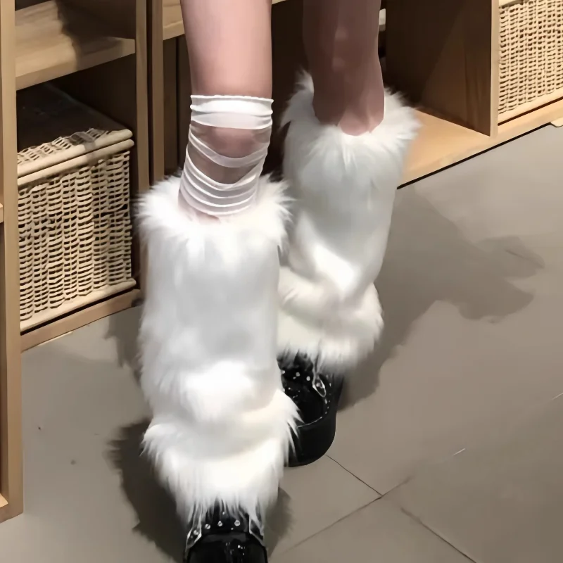 Japanese White Faux Fur Leg Warmers Boot Covers Y2K Goth Solid Leg Socks Punk Jk Knee-length Hiphop Hotgirl Fashion Warm Sock