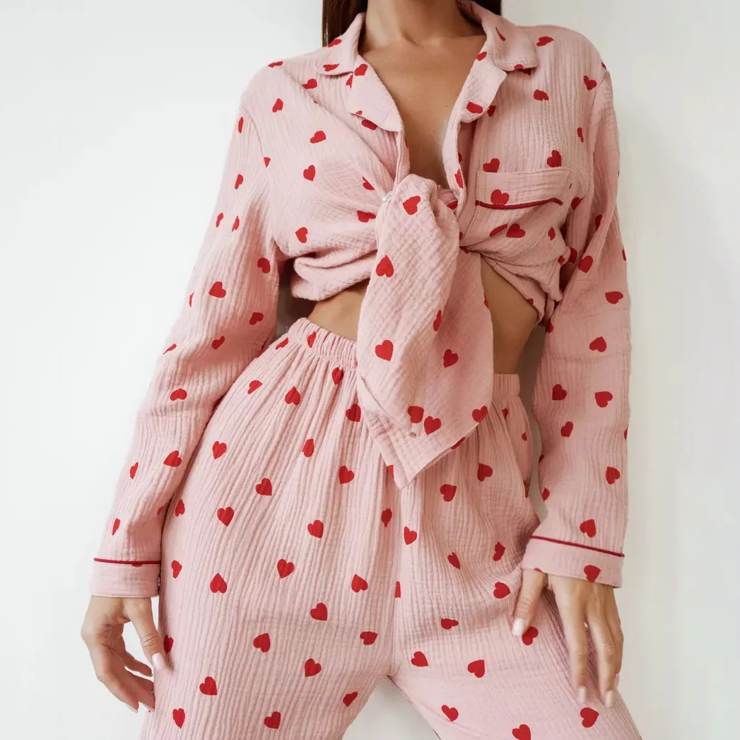 

2024 Spring Sleepwear Women's 100% Cotton Printed Pajamas Loose Pants Valentine Love Two Piece Home Furnishing Set for Women