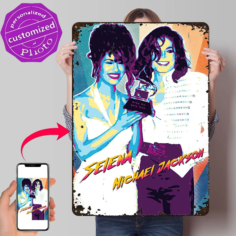 Selena & Michael Jackson Vintage Retro Poster Retro 3D Printed Metal Signs Customized Wall Hanging Gift for Room Ornaments Art