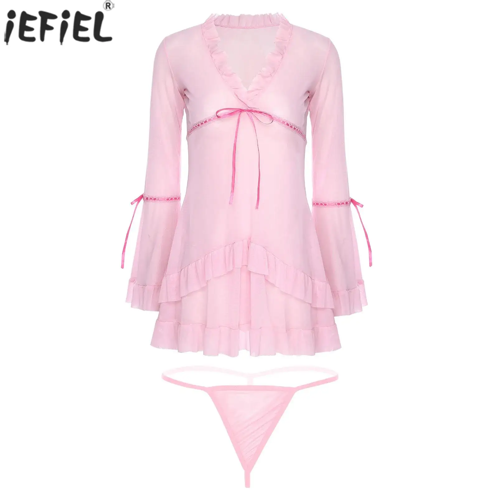 

Women's Sexy Pink Nightdress with G-string Briefs Sets Sheer Mesh Ruffled See Through Nightwear Loungewear Lingerie Sleepwear