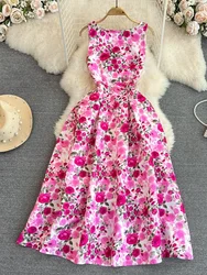Elegant Sleeveless Round Neck Slim Long Floral Dress Formal Party Boho Y2k