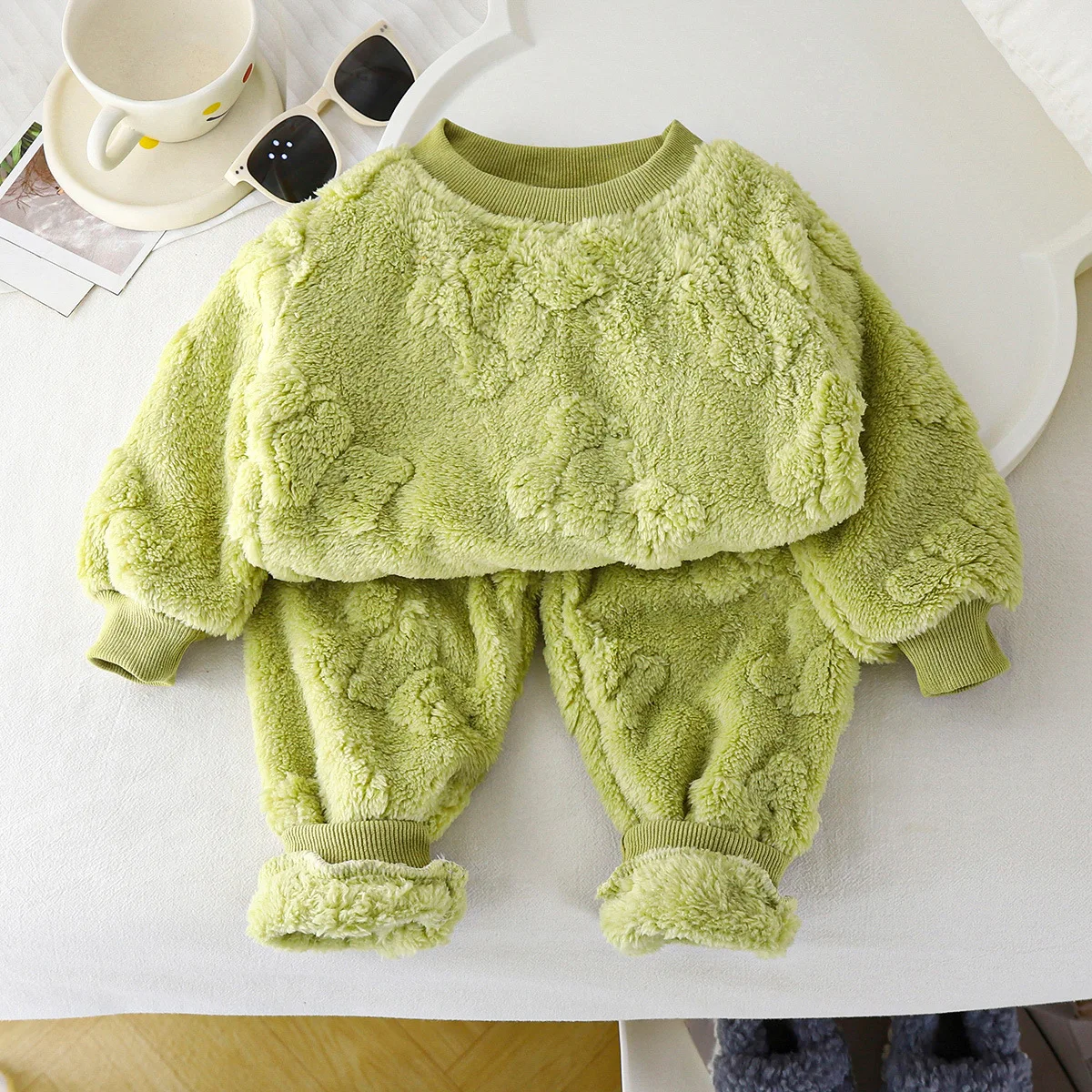 Winter New Childrens Boys 2PCS Pajama Set Plush Thick Warm Bear Pullovers Loose Hairy Pants Suit Kids Baby Boys Sleepwears