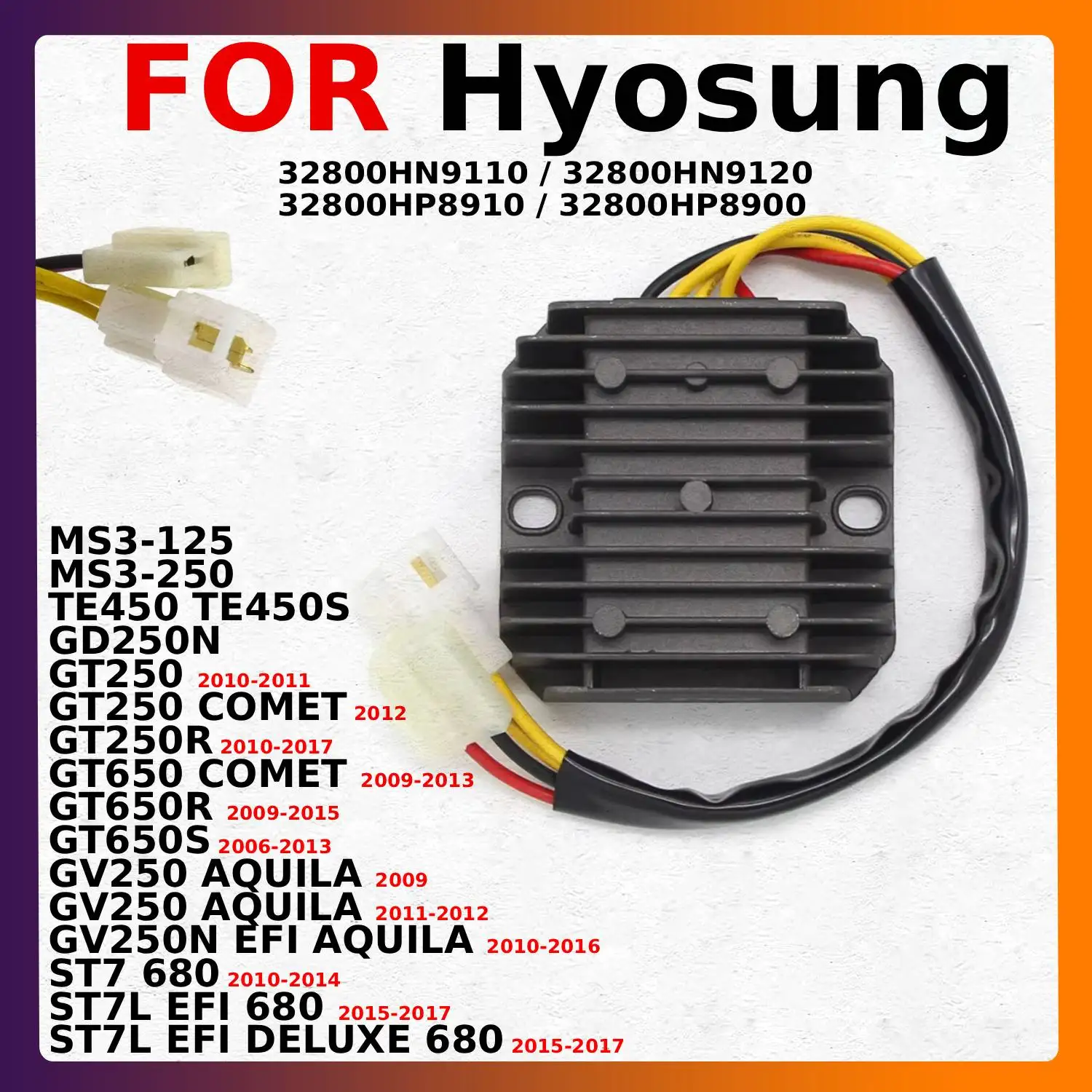 

Voltage Regulator Rectifier For Hyosung GD250N GT250 GT250R GT650R GT650S GV250 GV250N TE450 MS3-250/125 32800HP8910 32800HP8900