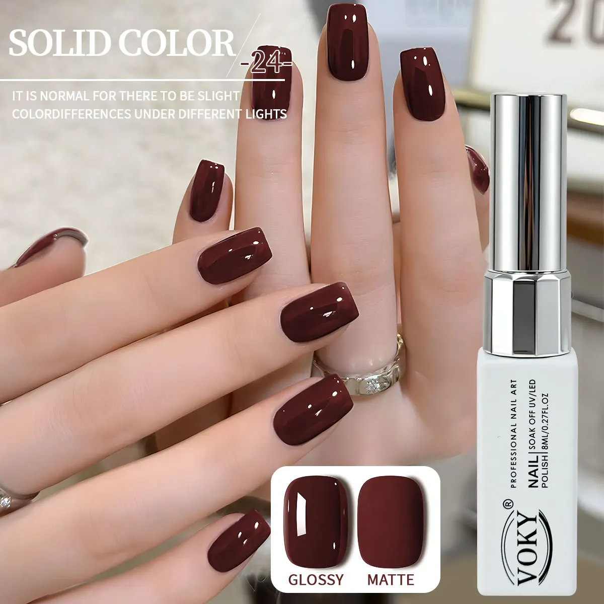 VOKY Classic Wine Red Gel Nail Polish, UV Curing, New Model, 8ml Glass Bottle, Non-Toxic Liquid Formula